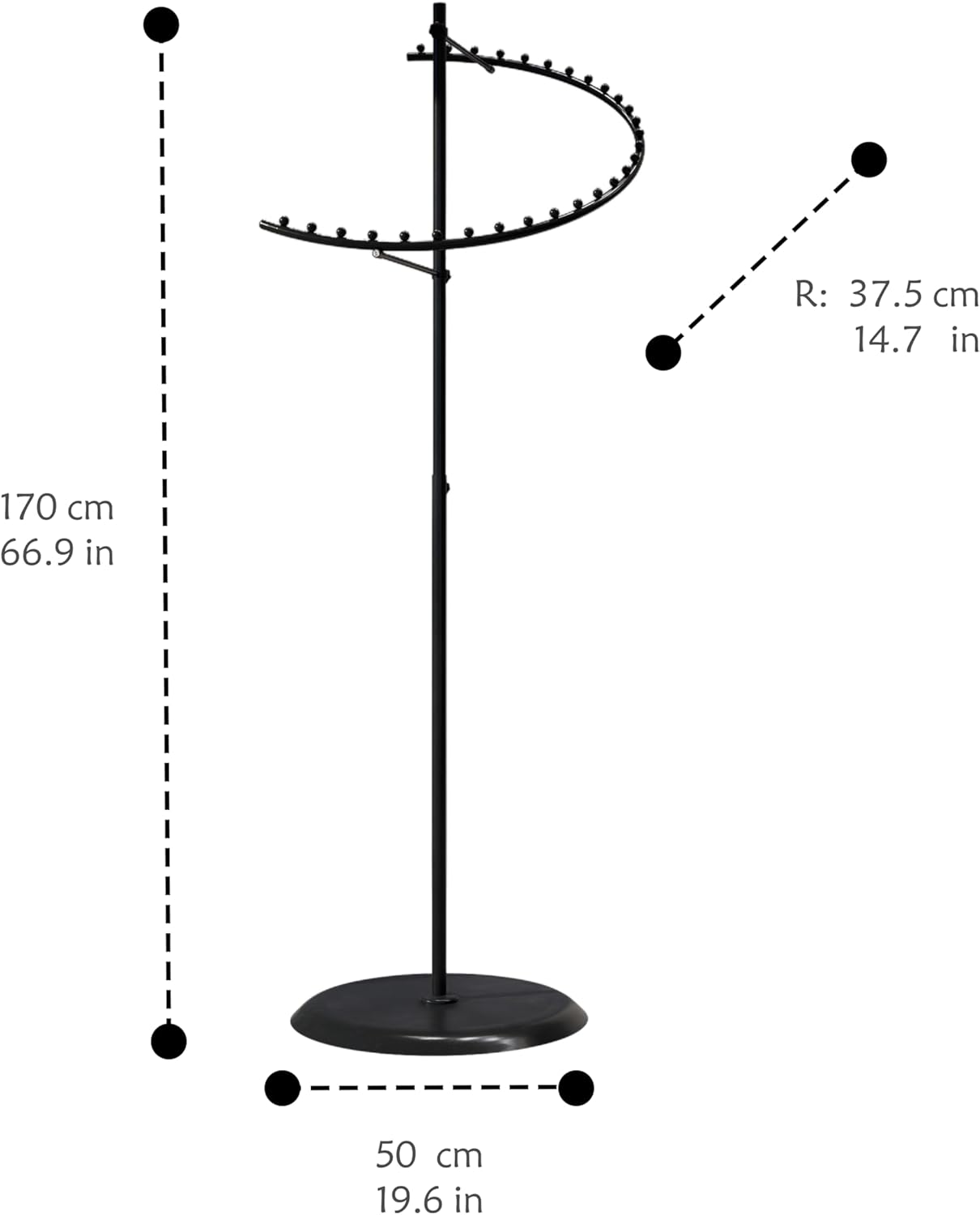 Black spiral clothing rack in retail store setting, displaying multiple garments with 360-degree visibility