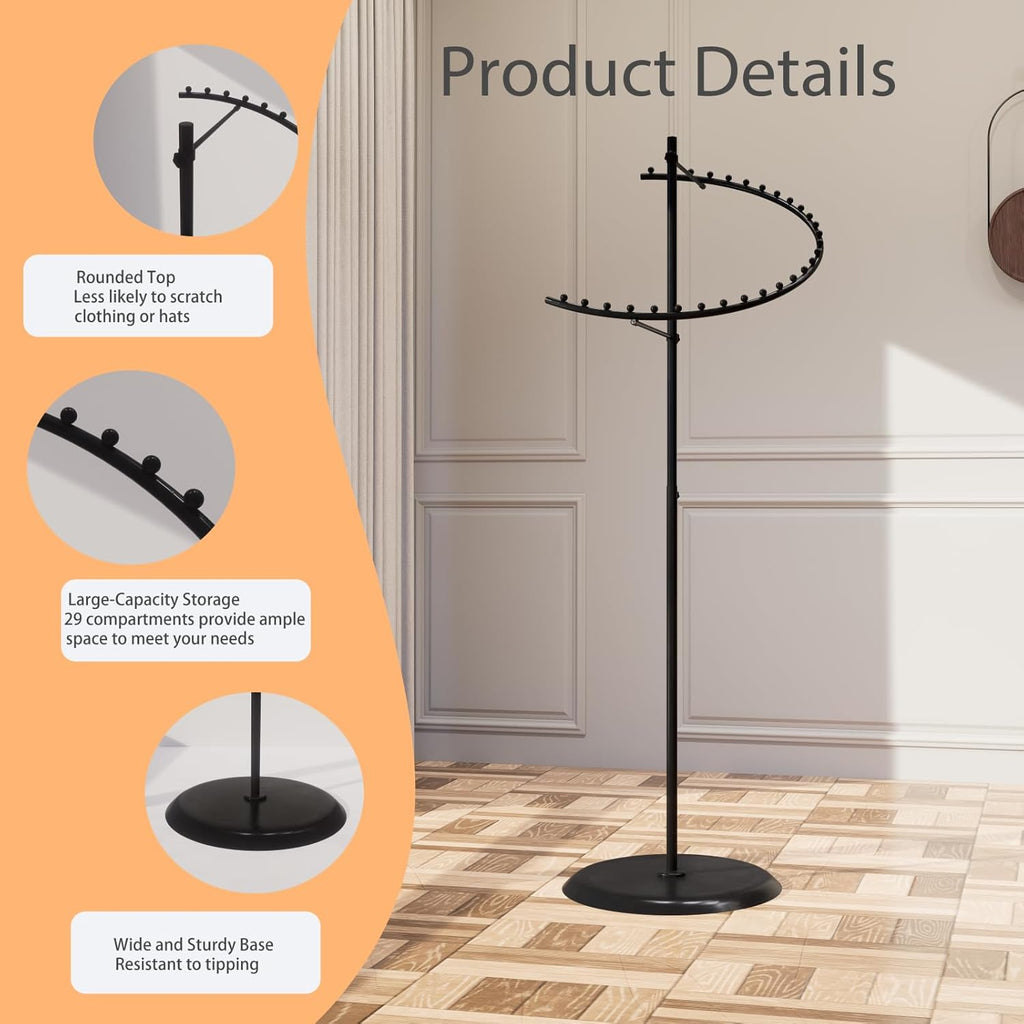 Space-efficient layout of black spiral clothing rack in boutique, showing compact footprint