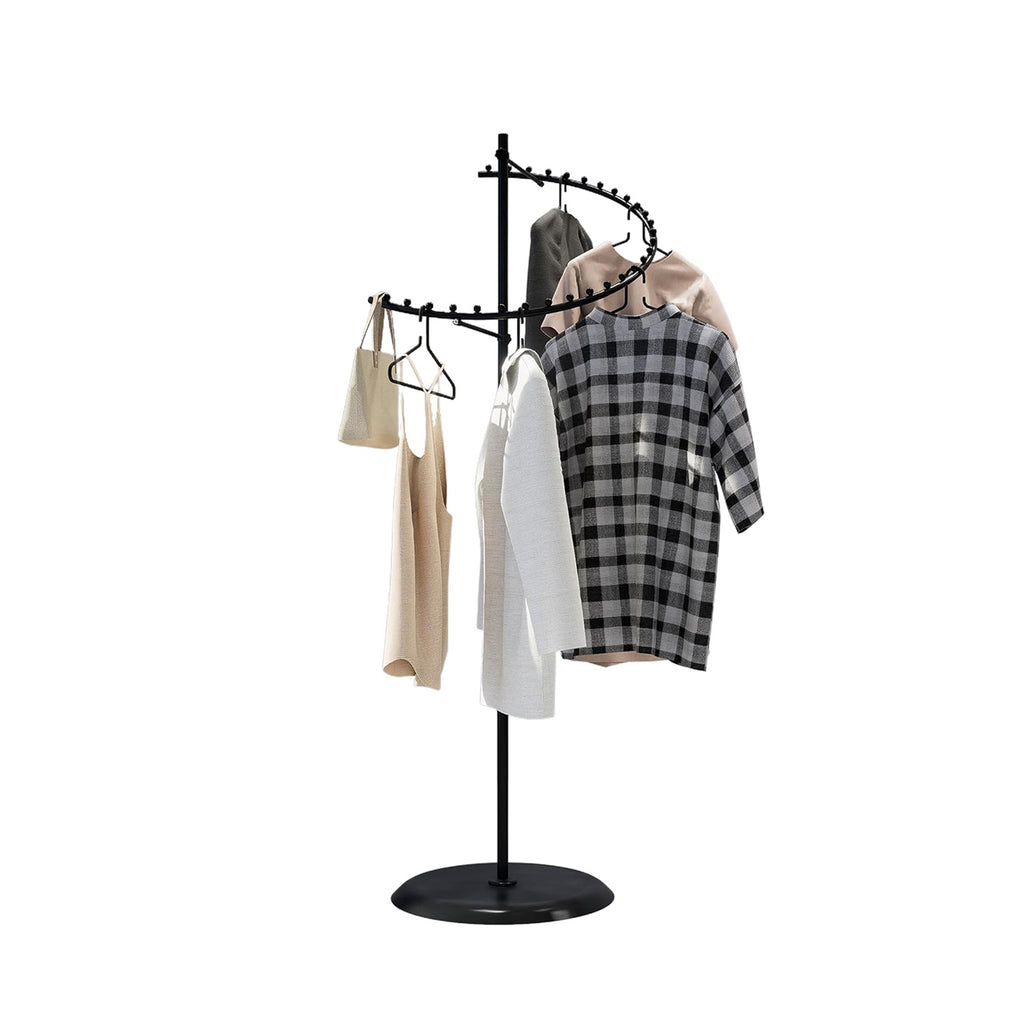 Close-up detail of spiral arm and ball stops on black clothing rack, showing secure hanger placement