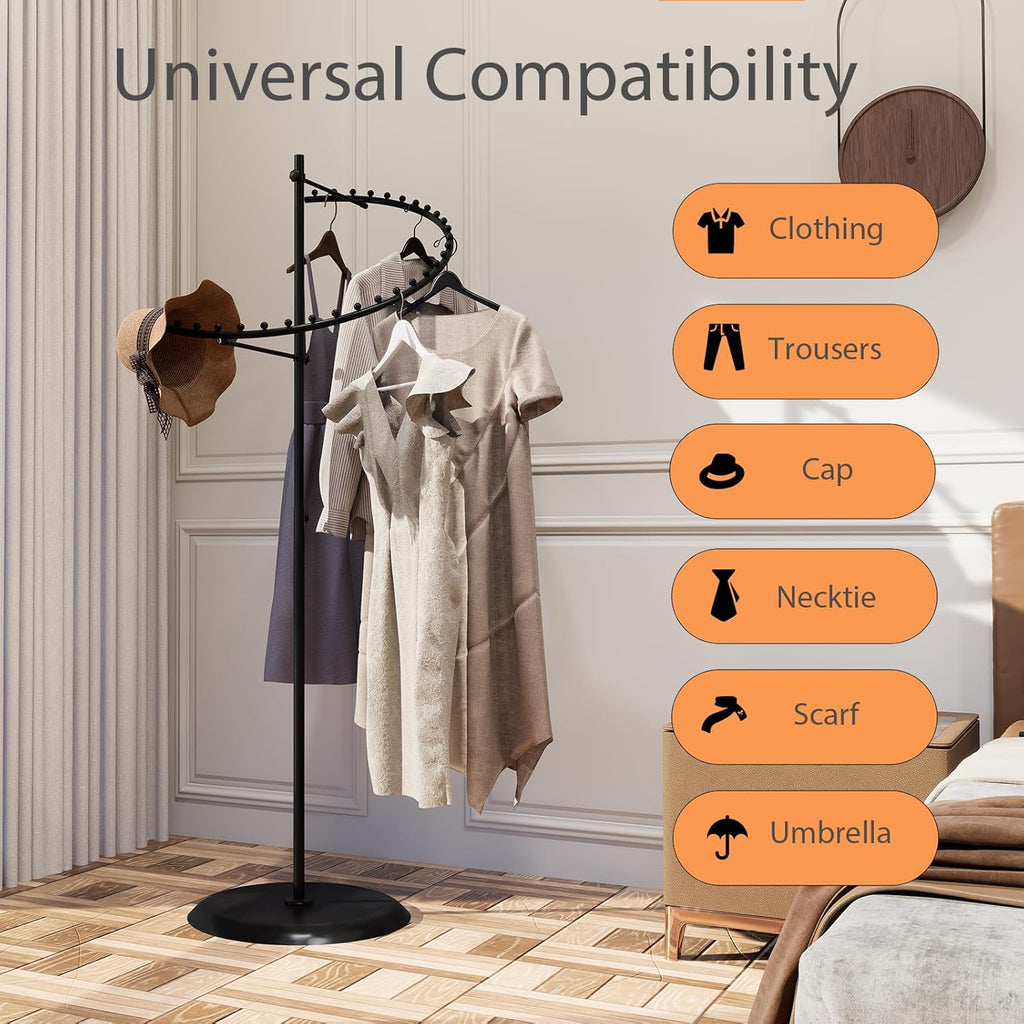 Space-efficient layout of black spiral clothing rack in boutique, showing compact footprint