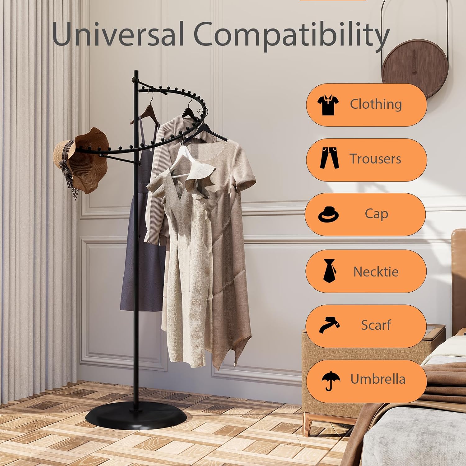 Space-efficient layout of black spiral clothing rack in boutique, showing compact footprint