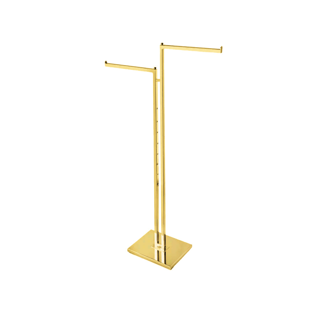 Weighted base and 1-inch square tubing construction of BDFinc gold 2-way clothing rack
