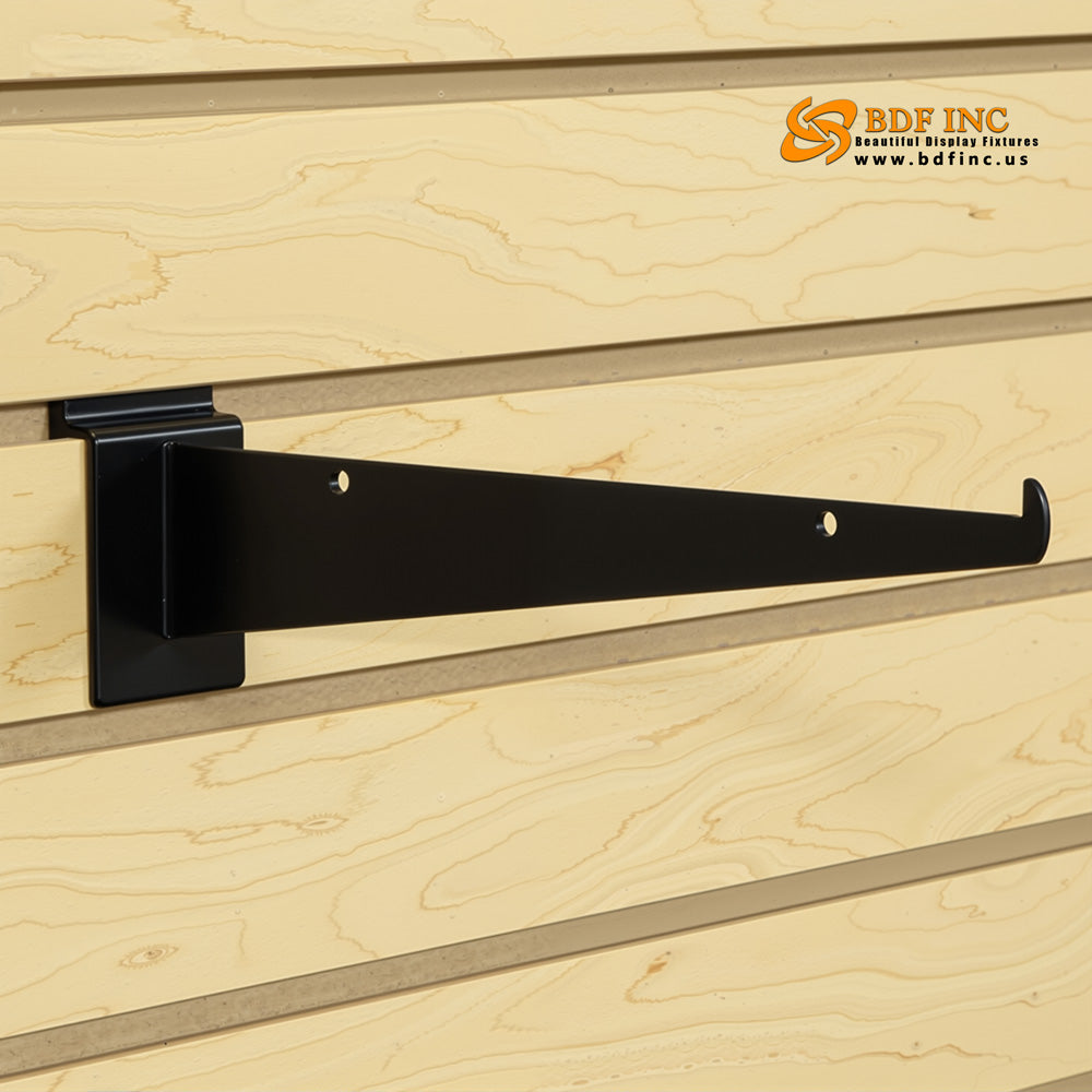 Easy installation demonstration of black metal shelf bracket on slatwall