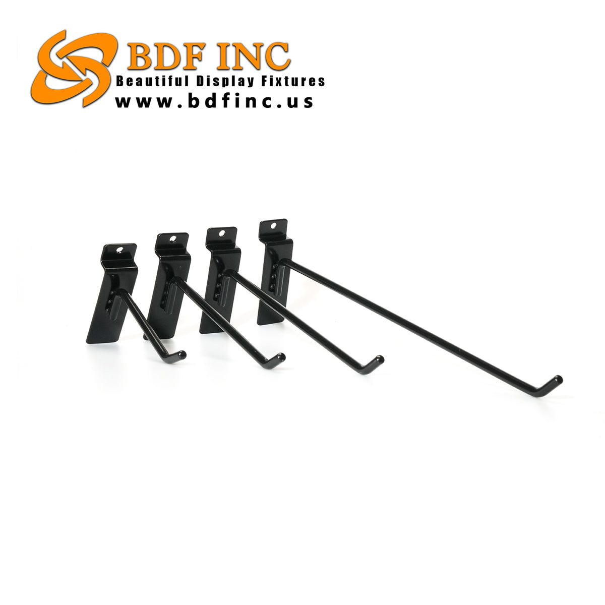 Full size range comparison of black slatwall peg hooks from 4 inch to 12 inch showing progression