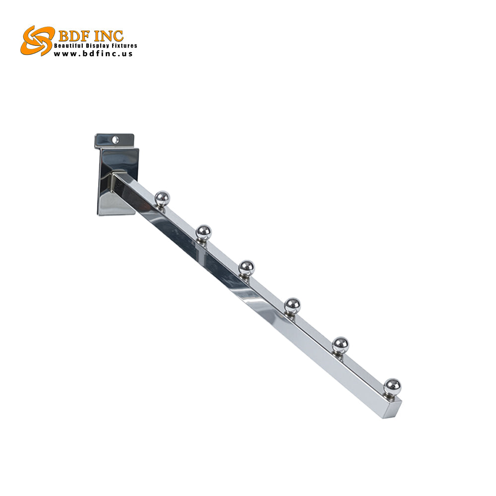 Chrome slanted display arm with 6 retaining studs for waterfall merchandise presentation