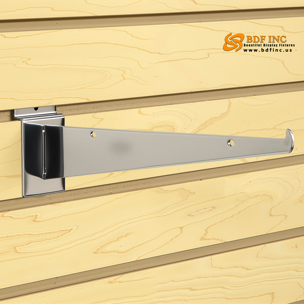 Easy snap-on installation of chrome shelf bracket on slatwall panel