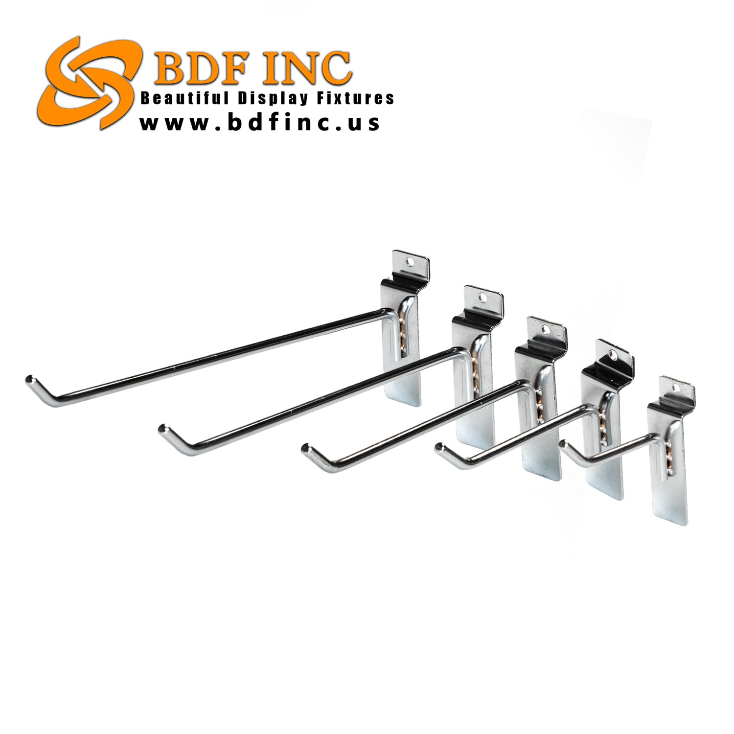 Chrome slatwall peg hooks in 4, 6, 8, 10, and 12 inch sizes side by side