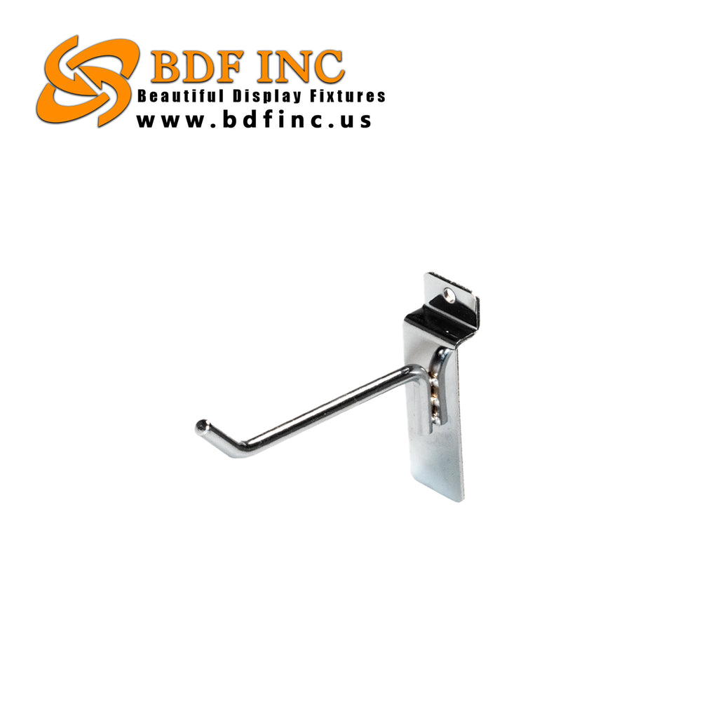 4-inch chrome slatwall peg hook on white background