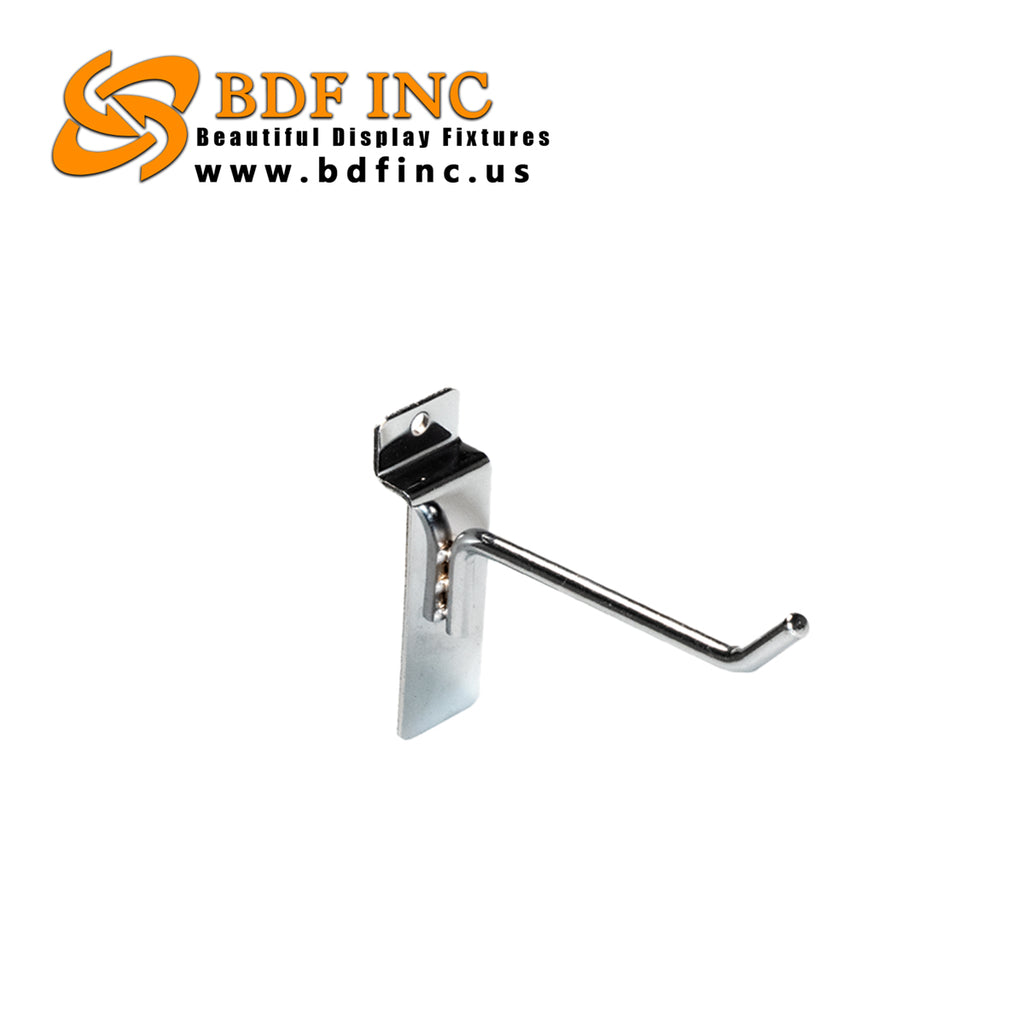 4-inch chrome slatwall peg hook on white background