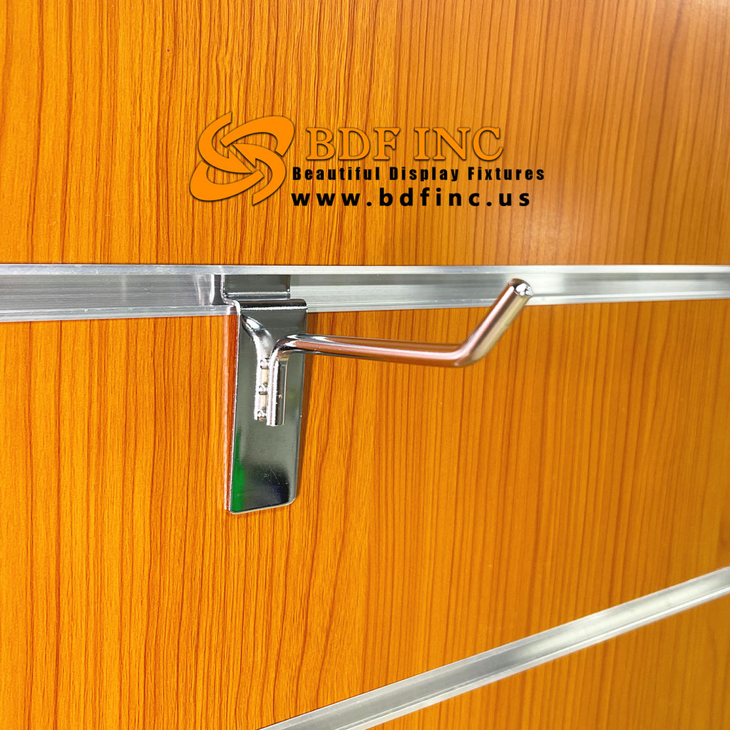 Chrome 4-inch slatwall hook mounted on slatwall panel for retail display