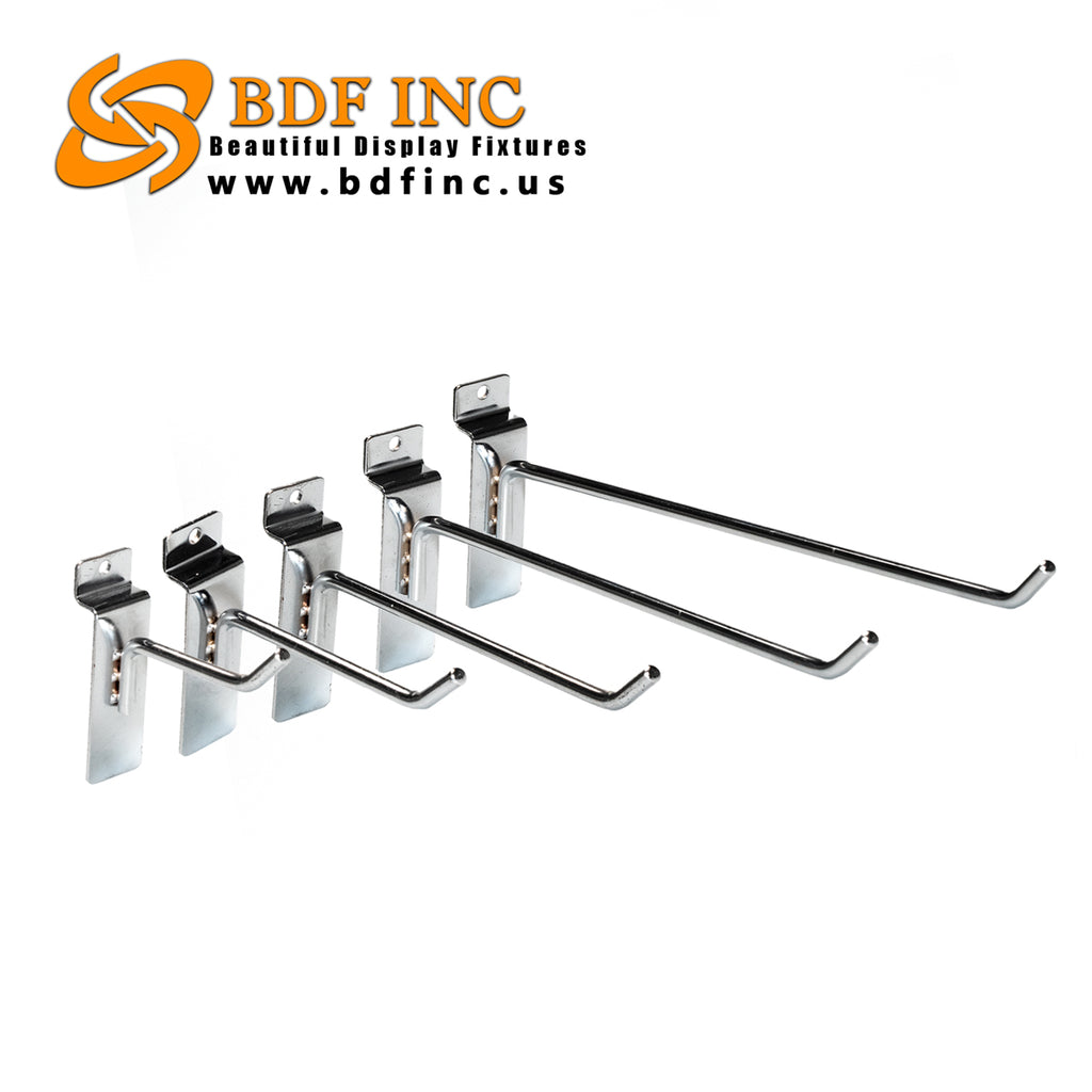 Size comparison of chrome slatwall peg hooks showing 4-6-8-10-12 inch options