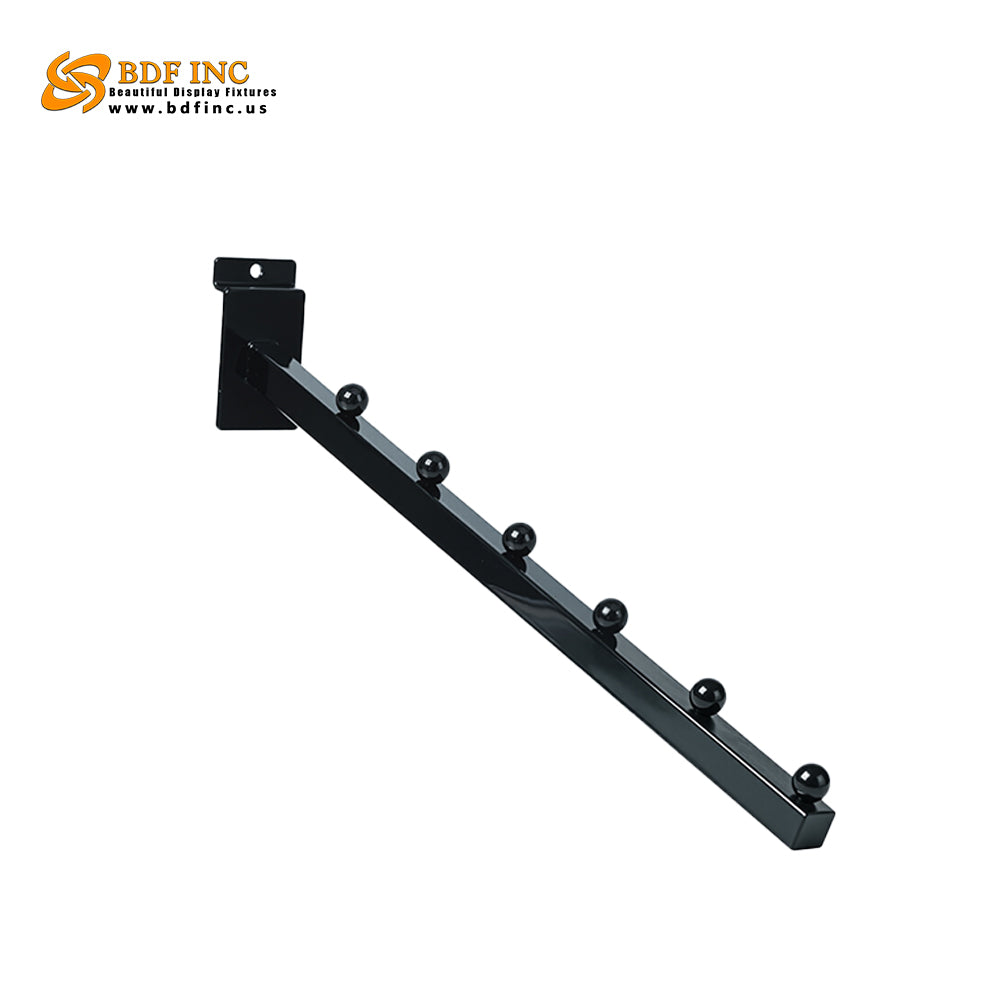 A heavy-duty black 6-ball waterfall display arm from BDF Inc, efficiently showcasing scarves and accessories on a white slatwall retail display.