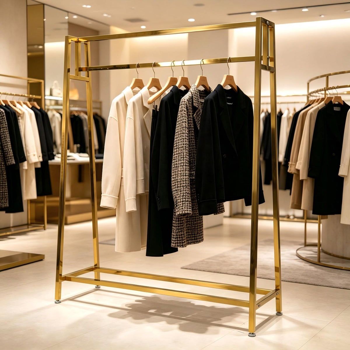 Commercial gold boutique garment rack displaying luxury wool coats and blazers inside a luxury retail clothing store