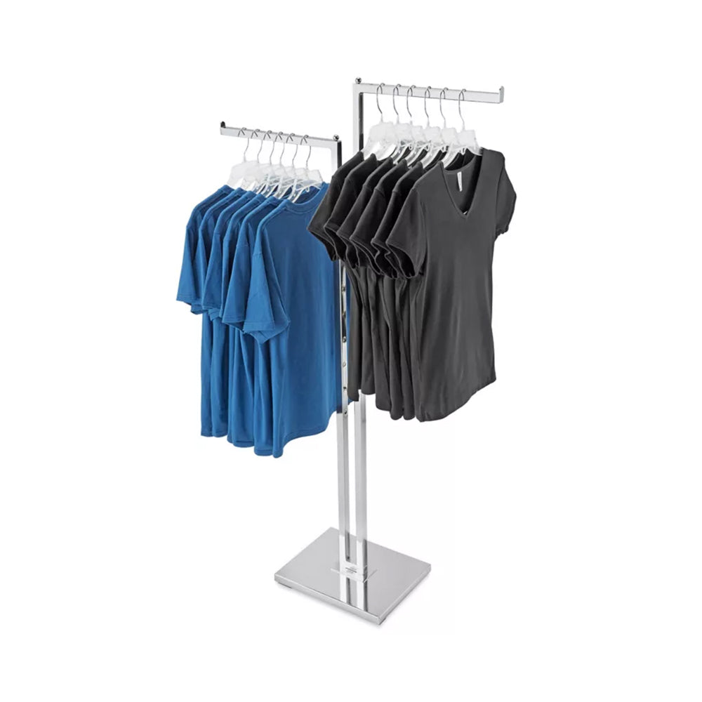 The BDF adjustable 2-way clothing rack in a retail setting, effectively showcasing a range of clothing from shirts to dresses.