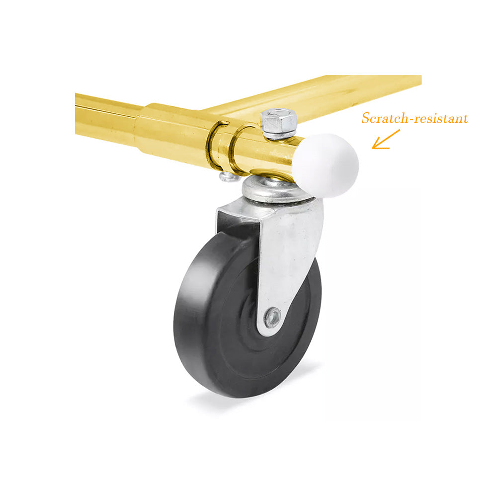 Close-up of heavy duty casters on gold collapsible sales rack, commercial mobility features for clothing wholesalers