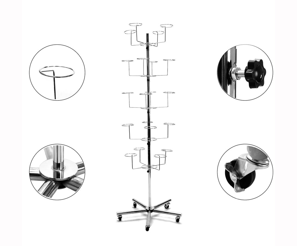 Adjustable tier system on BDF rotating hat stand, customizable display levels for different hat styles