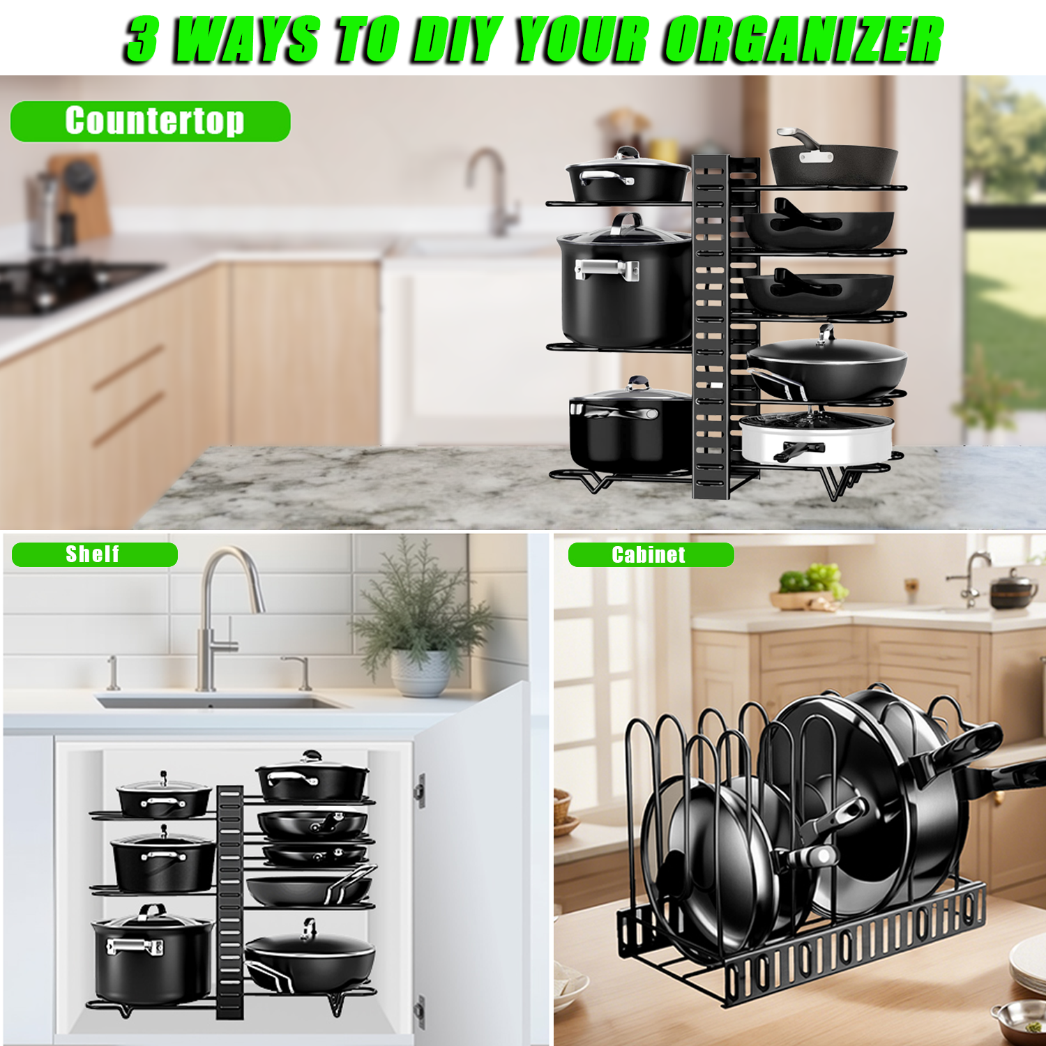 8-Tier Adjustable Pot and Lid Organizer Functional Kitchen Pot Storage Rack for Under Cabinet Kitchen