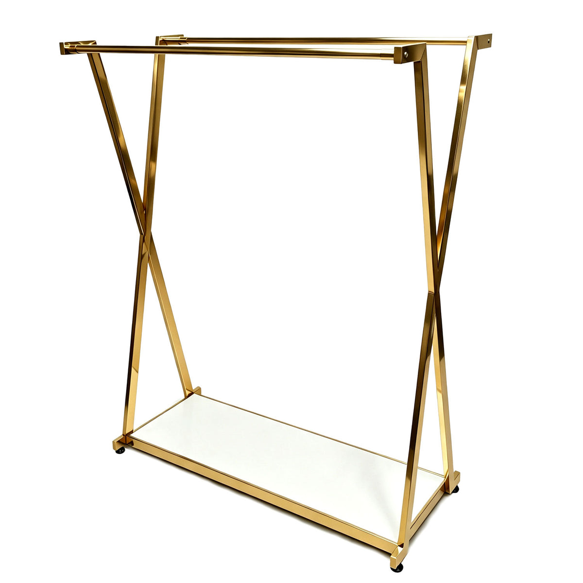 Modern Gold Double Rail Garment Rack with Bottom Shelf – Heavy Duty X-Frame Clothes Display Stand & Organizer for Bedroom, Walk-in Closet & Retail Boutique