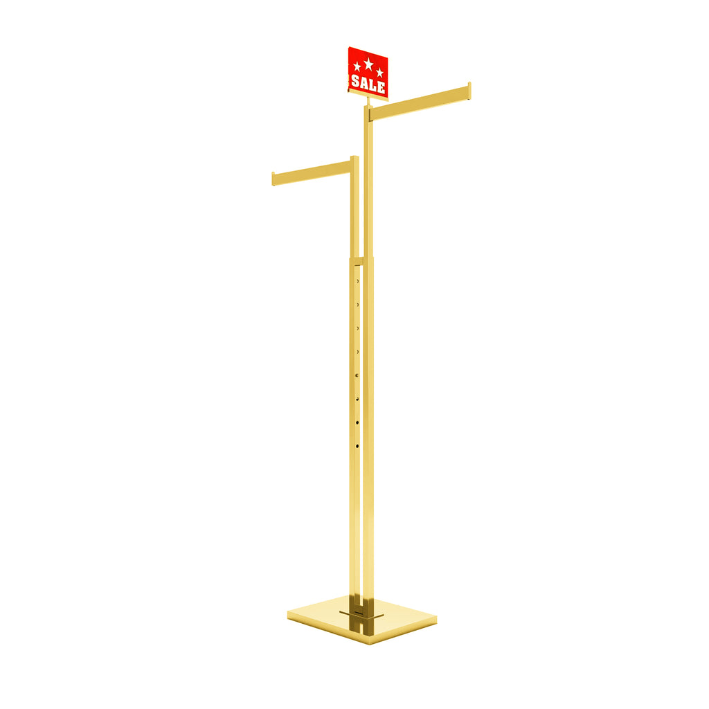 Adjustable straight arms detail on gold 2-way clothing rack with 48–72 inch height range