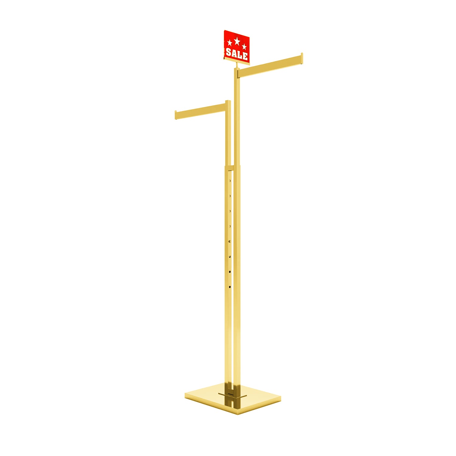 Adjustable straight arms detail on gold 2-way clothing rack with 48–72 inch height range