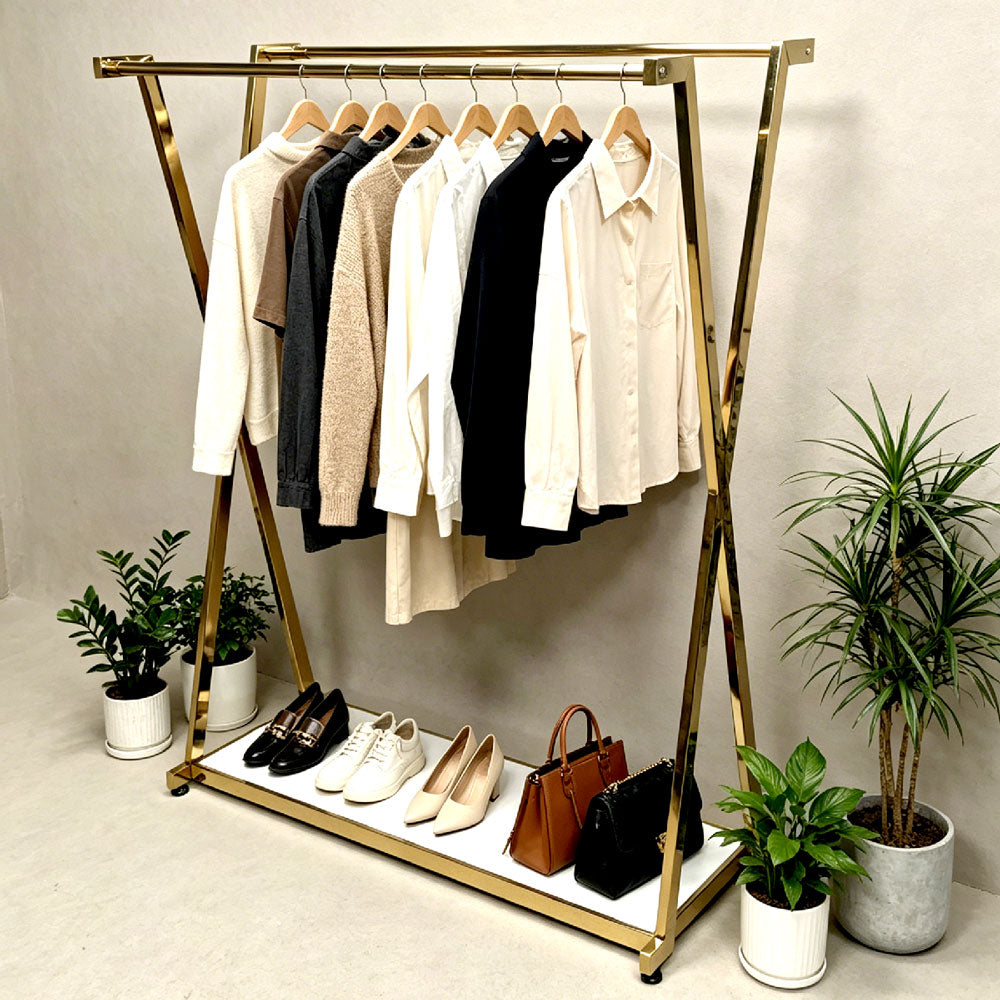 Modern Gold Double Rail Garment Rack with Bottom Shelf – Heavy Duty X-Frame Clothes Display Stand & Organizer for Bedroom, Walk-in Closet & Retail Boutique