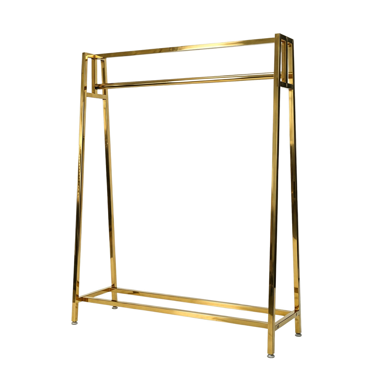 Gold geometric metal garment rack with single hanging rail and square tube frame isolated on white background