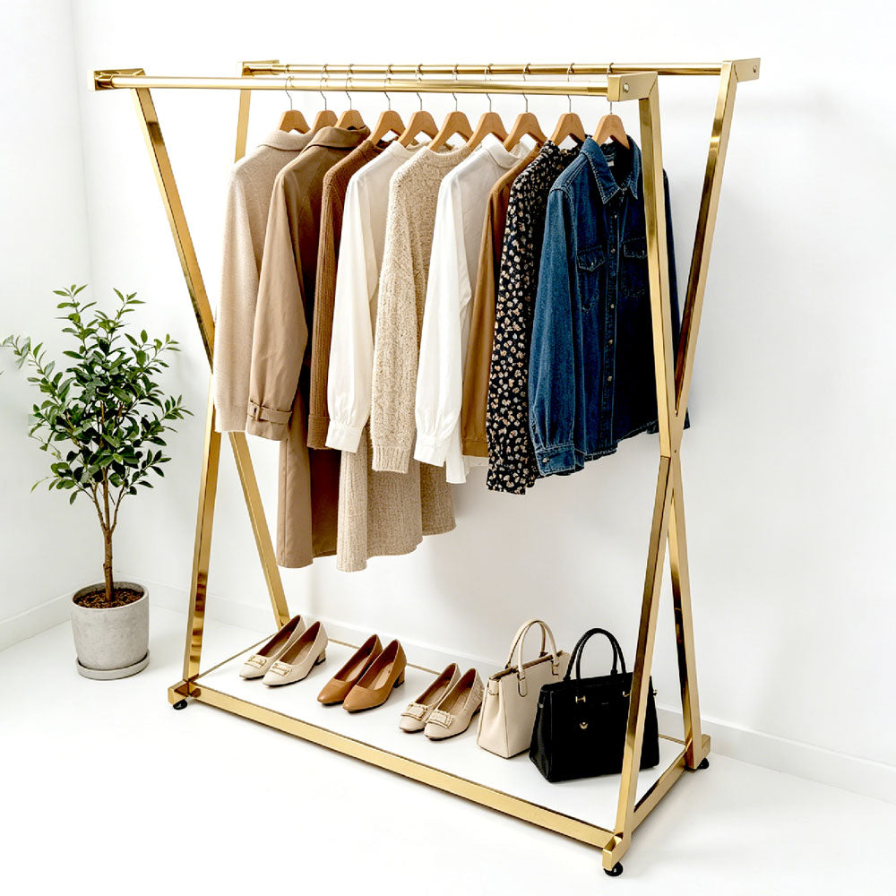 Modern Gold Double Rail Garment Rack with Bottom Shelf – Heavy Duty X-Frame Clothes Display Stand & Organizer for Bedroom, Walk-in Closet & Retail Boutique
