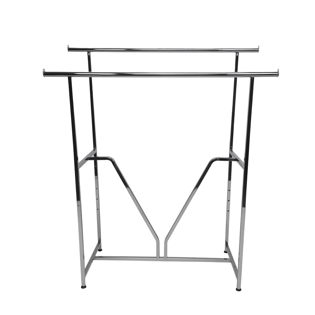 Heavy duty double rail rack chrome front view with 120 inch display space and commercial construction