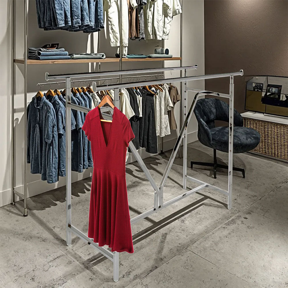 Heavy duty double rail rack chrome in retail store setting, commercial display for wholesale clothing