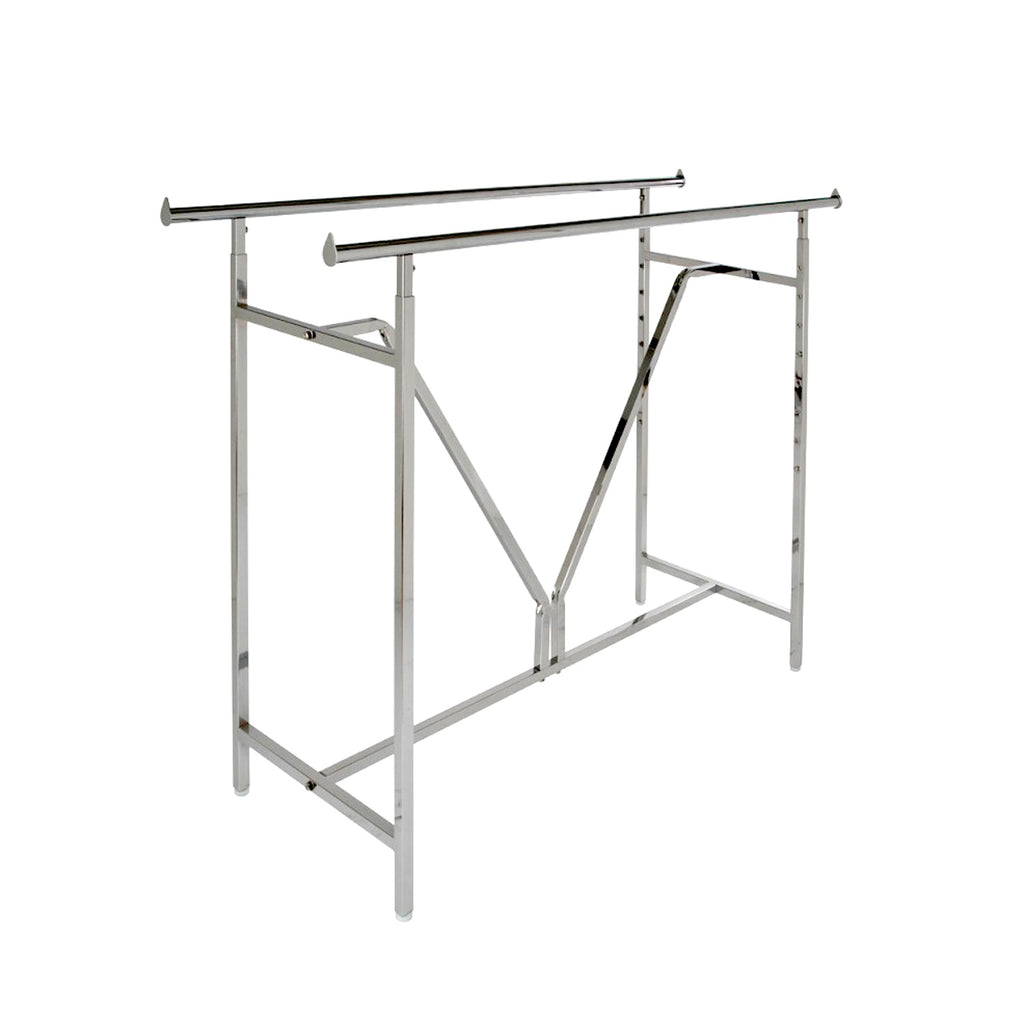 Heavy duty double rail rack chrome finish side view showing V-brace stability and adjustable height 49-70 inches