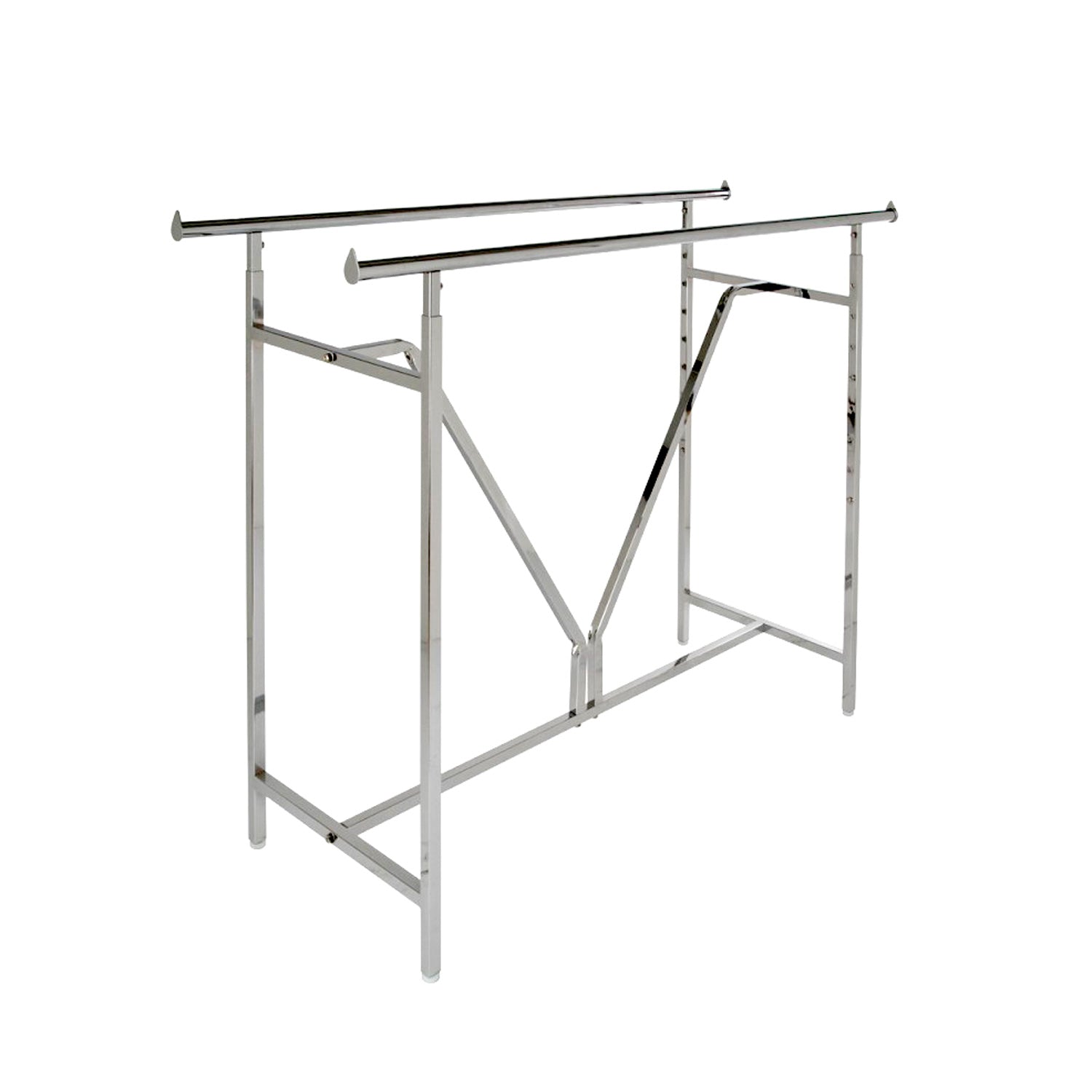 Heavy duty double rail rack chrome finish side view showing V-brace stability and adjustable height 49-70 inches