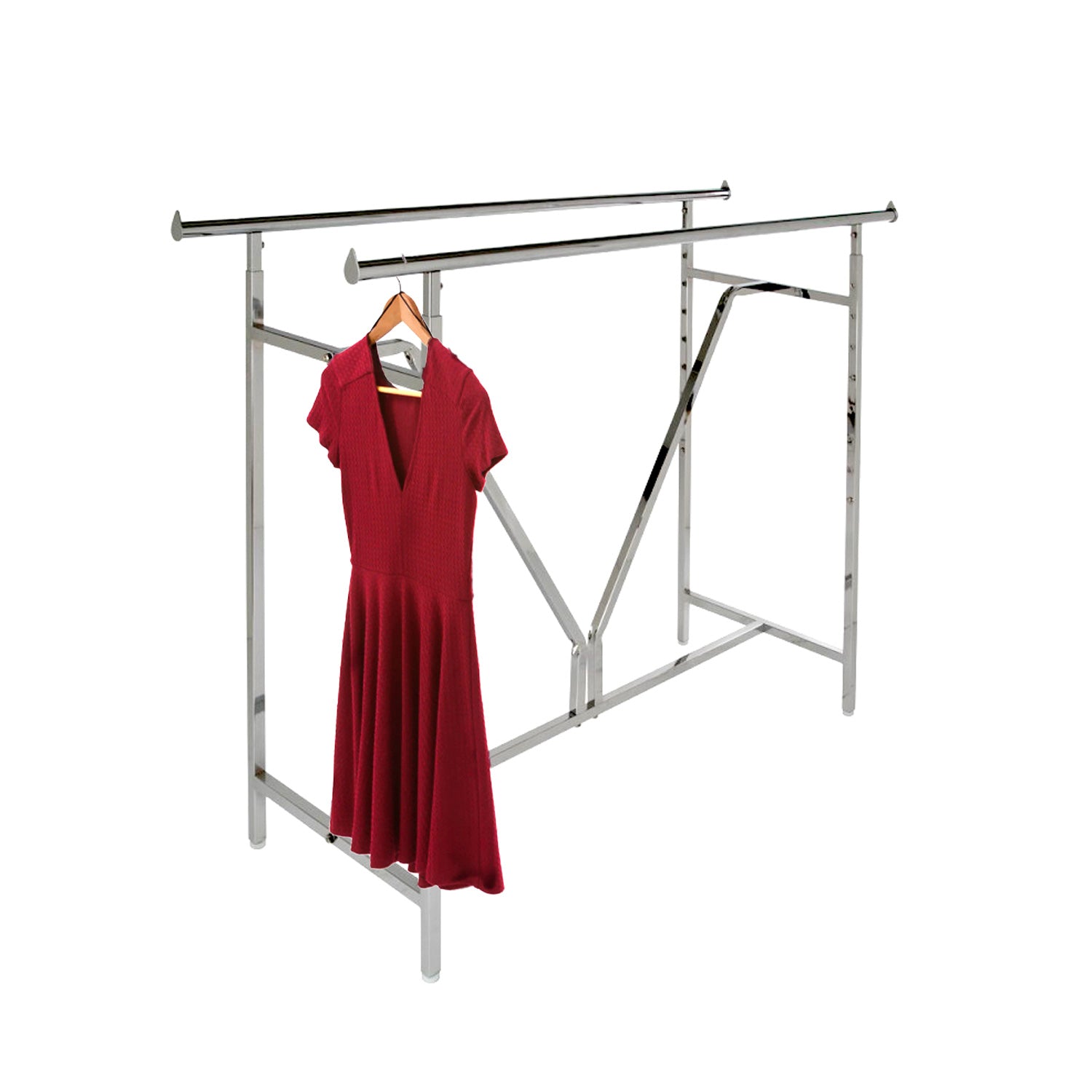 Heavy duty double rail rack chrome displaying garments with adjustable height rails 49-70 inches