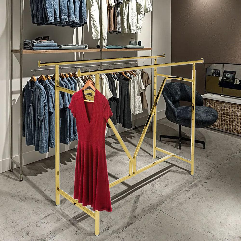 Heavy duty double rail rack gold in boutique setting, premium commercial display