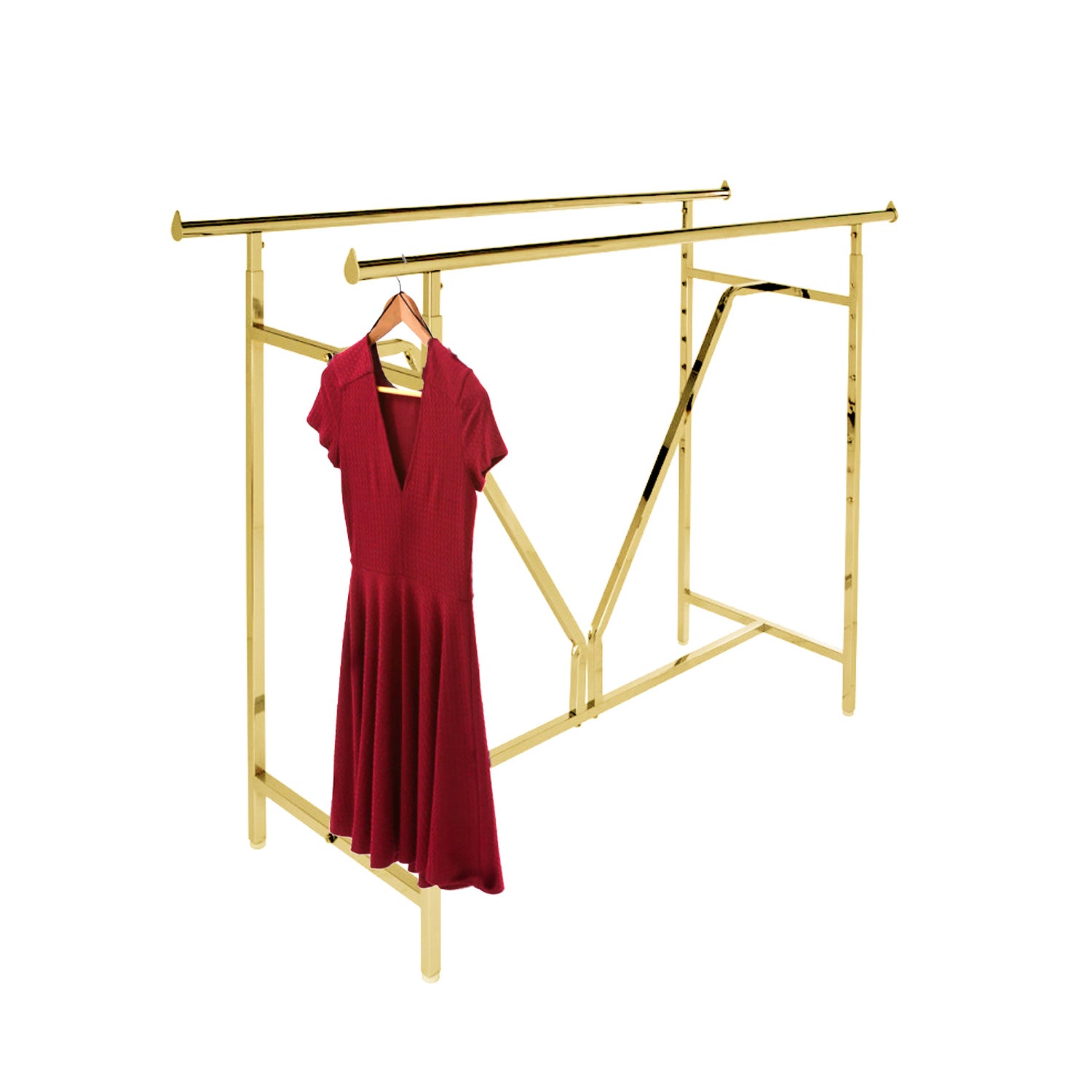 Heavy duty double rail rack gold displaying garments, adjustable height 49-70 inches