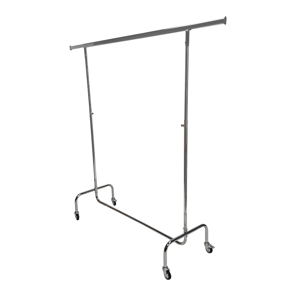 BDF heavy duty single bar clothing rack in chrome finish on white background, commercial grade display fixture