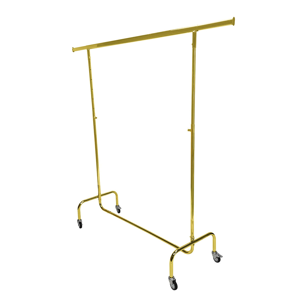 BDF heavy duty single bar clothing rack in chrome gold finish on white background, commercial grade display fixture