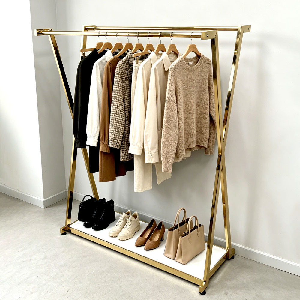 Modern Gold Double Rail Garment Rack with Bottom Shelf – Heavy Duty X-Frame Clothes Display Stand & Organizer for Bedroom, Walk-in Closet & Retail Boutique