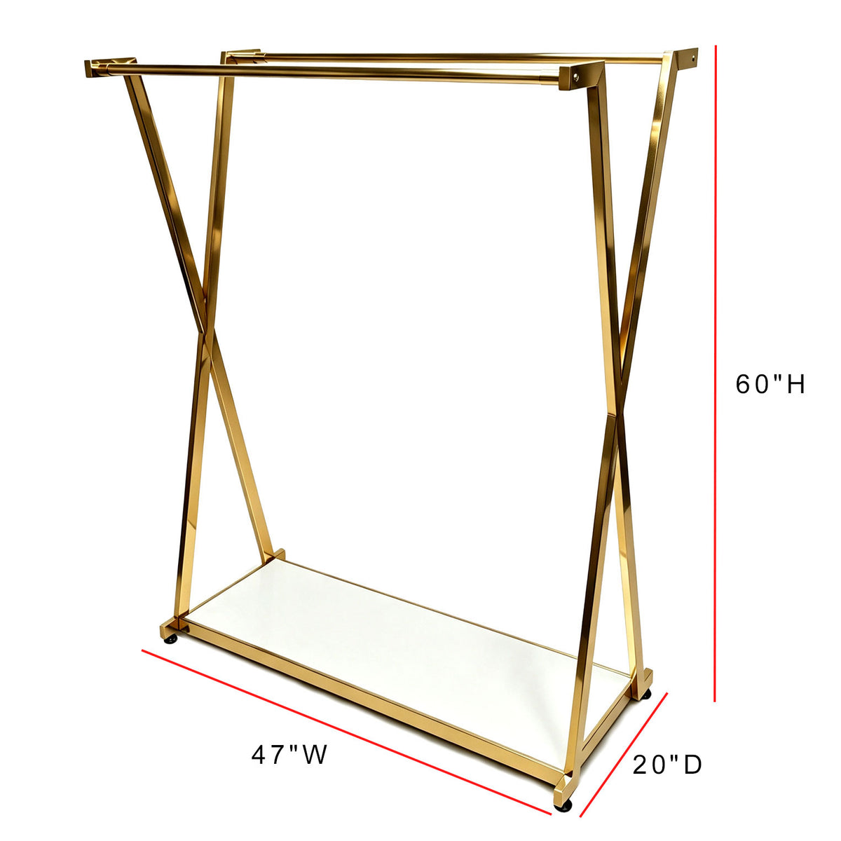 Modern Gold Double Rail Garment Rack with Bottom Shelf – Heavy Duty X-Frame Clothes Display Stand & Organizer for Bedroom, Walk-in Closet & Retail Boutique