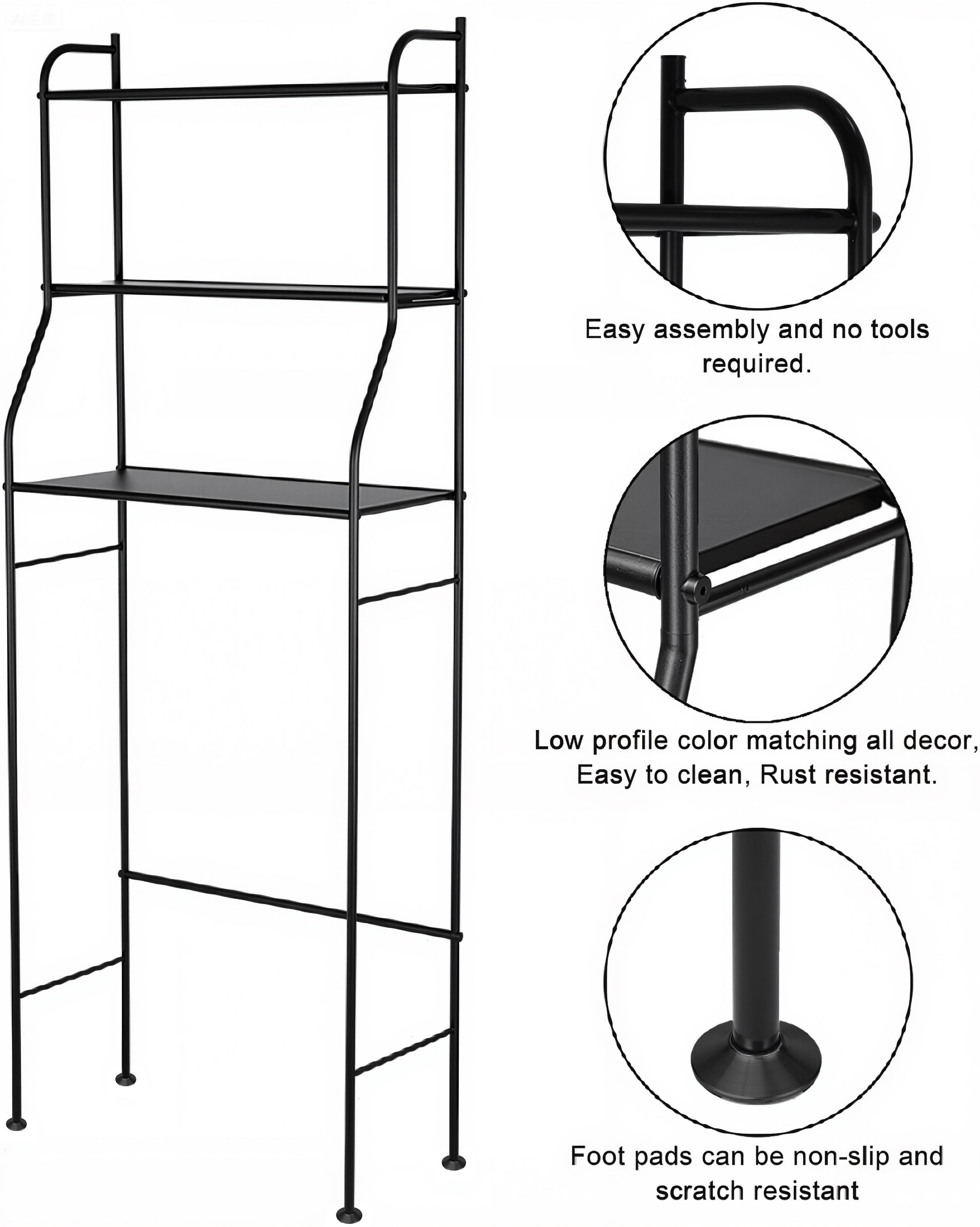 3-Tier Over The Toilet Storage, Space Saver Metal Bathroom Shelves, Freestanding Above Over Toilet Storage , Black