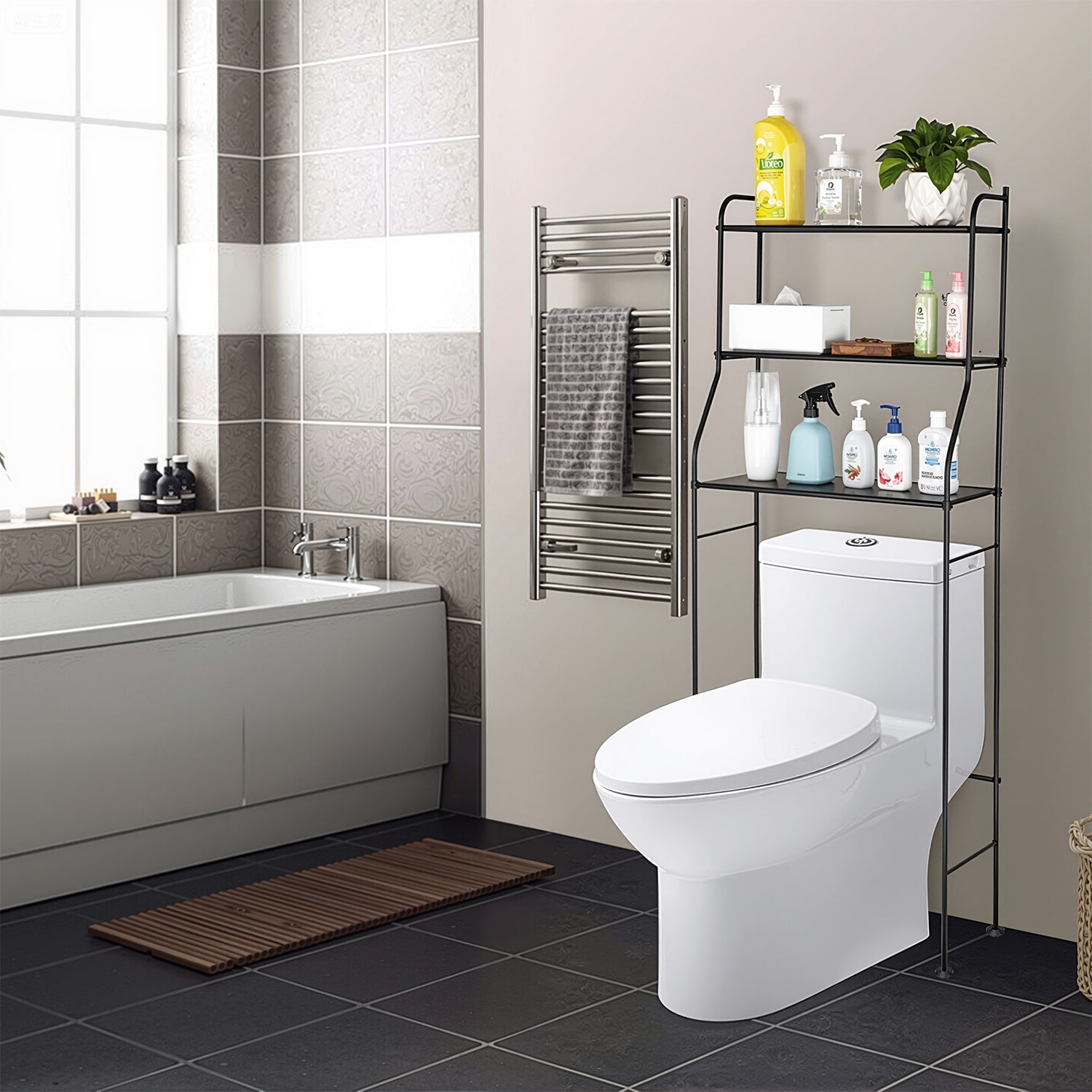 3-Tier Over The Toilet Storage, Space Saver Metal Bathroom Shelves, Freestanding Above Over Toilet Storage , Black
