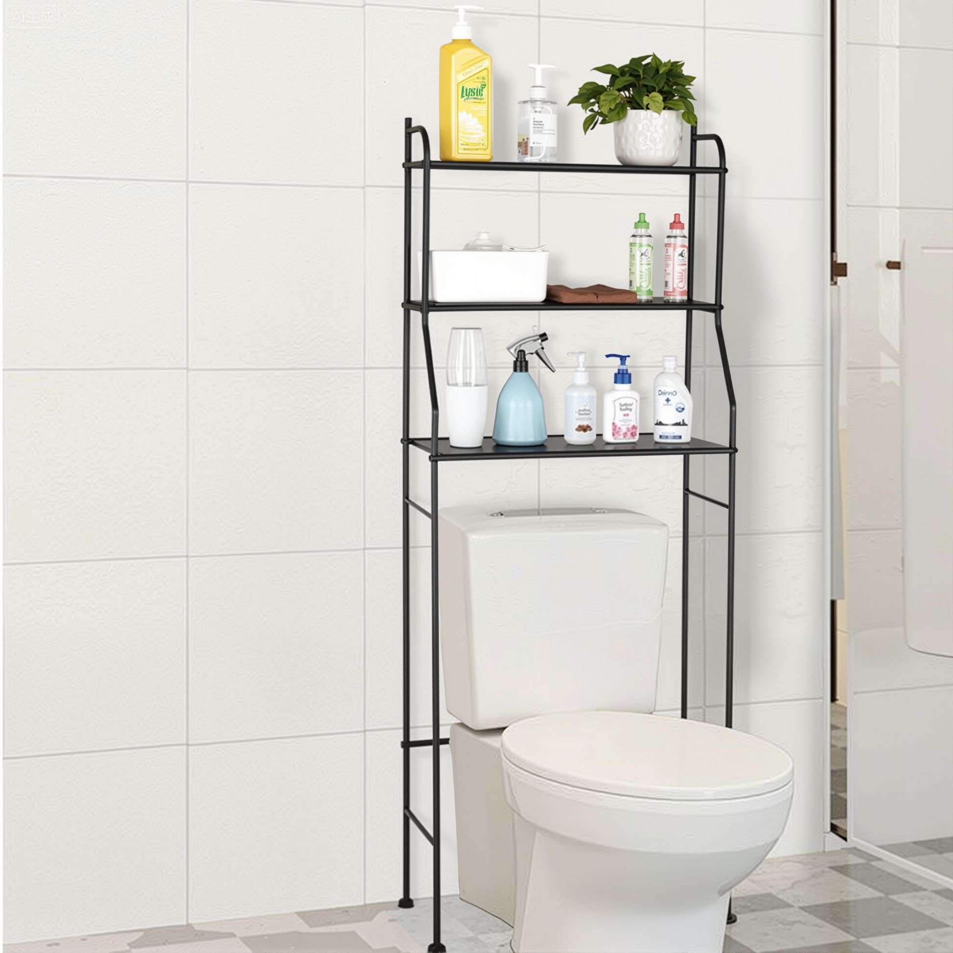 3-Tier Over The Toilet Storage, Space Saver Metal Bathroom Shelves, Freestanding Above Over Toilet Storage , Black