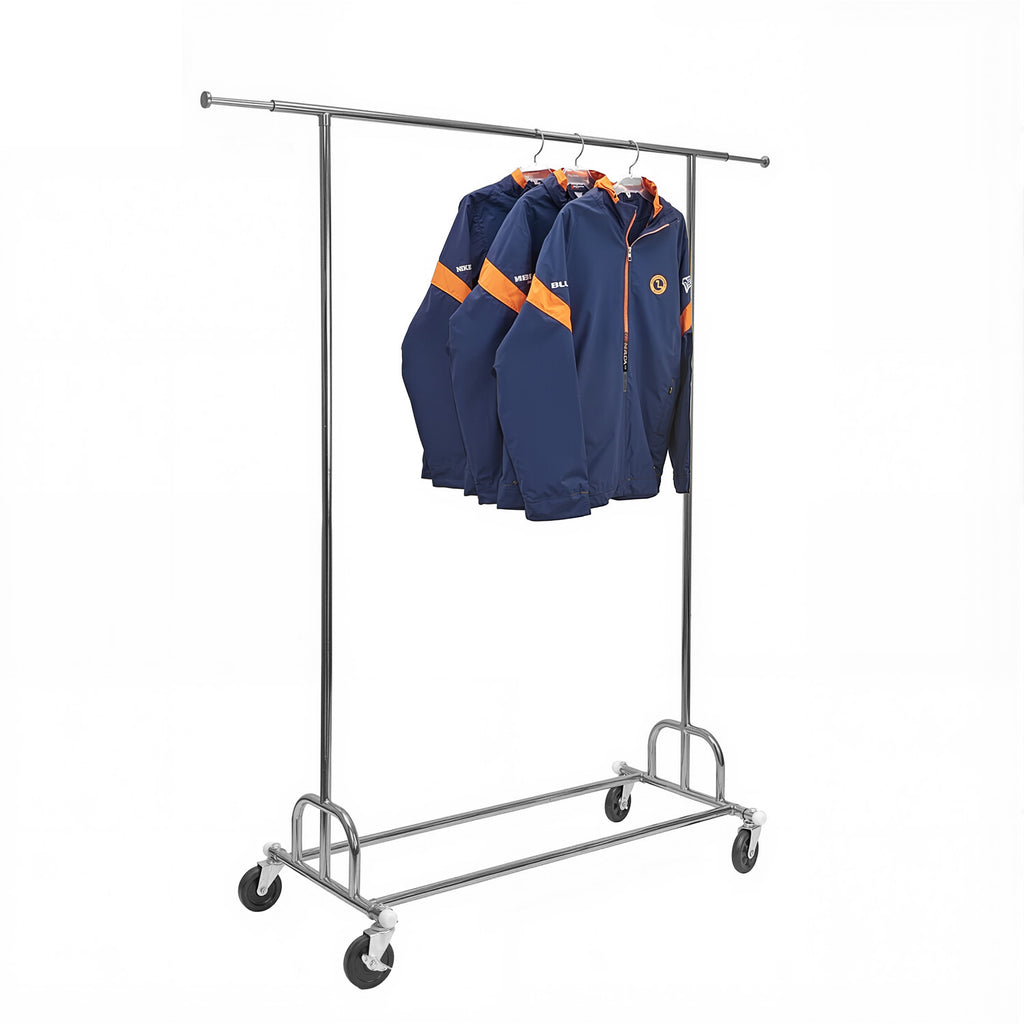simple rolling clothing rack displaying various garments on white background, chrome  finish options