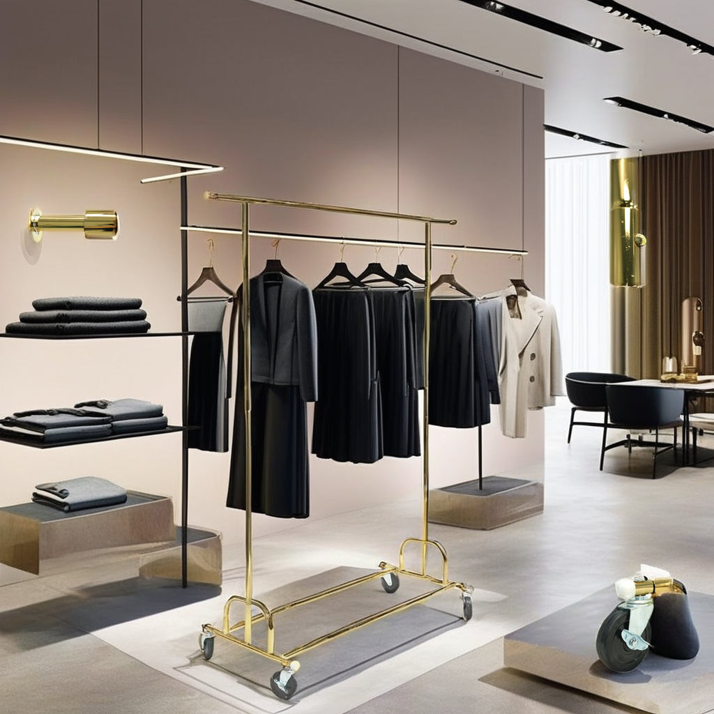 BDF simple rolling clothing display rack in chrome and gold finishes on white background, commercial retail display fixture