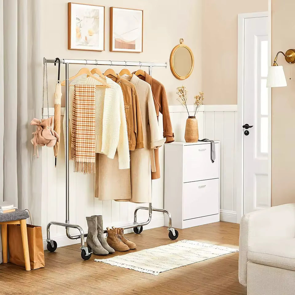Heavy duty single bar clothing rack in the home