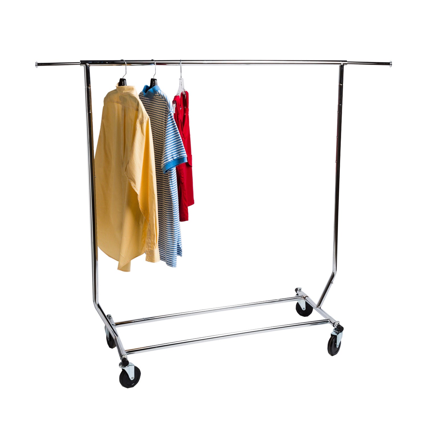 Commercial casters on gold folding clothing rack, mobile display solution for wholesale buyers