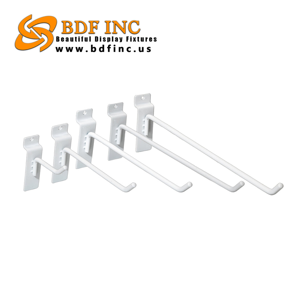 Size comparison of white slatwall peg hooks showing 4-6-8-10-12 inch options