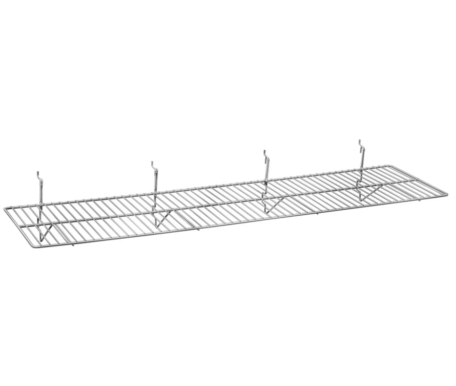 Professional slatwall wire shelf in extra-wide 12x48 inch size with high-gloss chrome finish, shown on neutral background.