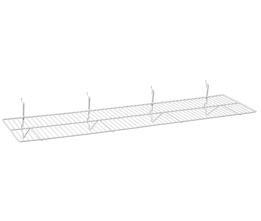 Slatwall wire shelf in extra-wide 12x48 inch size with white finish, showing heavy-duty construction and clean design.
