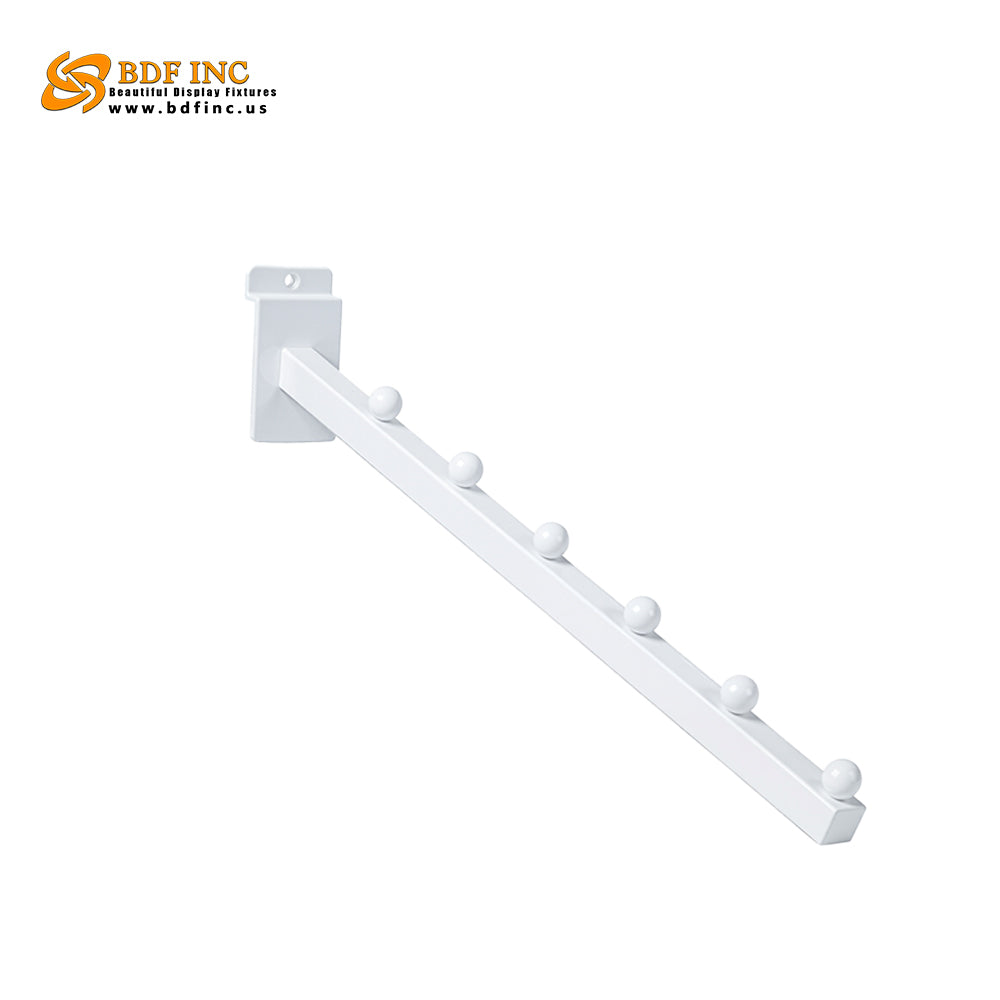White slanted display arm with 6 retaining studs for waterfall merchandise presentation
