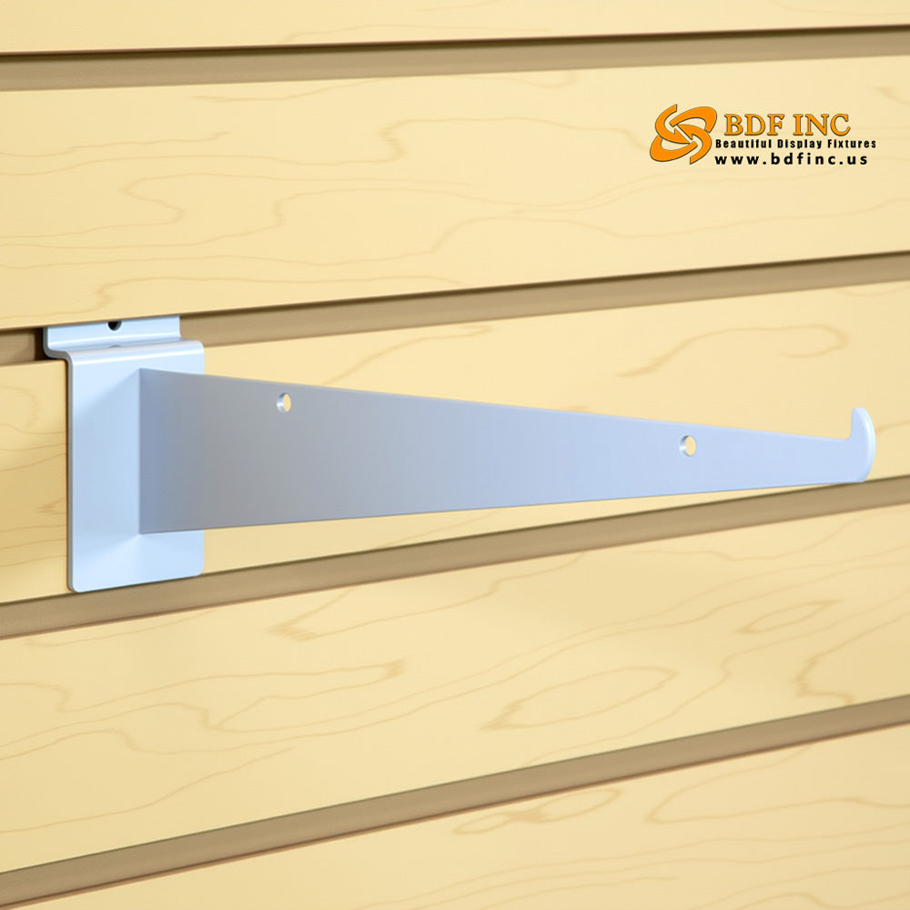 Easy installation demonstration of white shelf bracket on slatwall